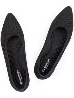 Womens Black Comfort Pointed Toe Softable Pull On Knit Dress Casual Flat Shoes
